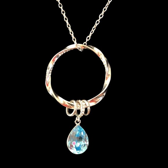 Borun Silver Circle Pendant Necklace with Blue Teardrop Crystal Charm - Picture 3 of 4